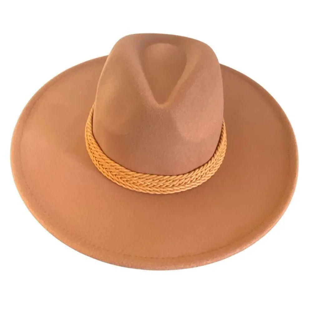 Tan Brown Wide Brim Faux Leather Braided Band Western Cowboy Hat NWT